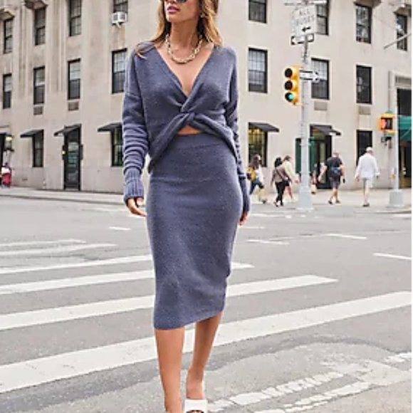 nwt express boucle sweater high waist pencil skirt slate blue xl stretchy - Picture 1 of 1